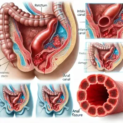 تصویر شماتیک از لایه‌های مقعد و محل ایجاد فیشر و التهاب در شقاق مزمن