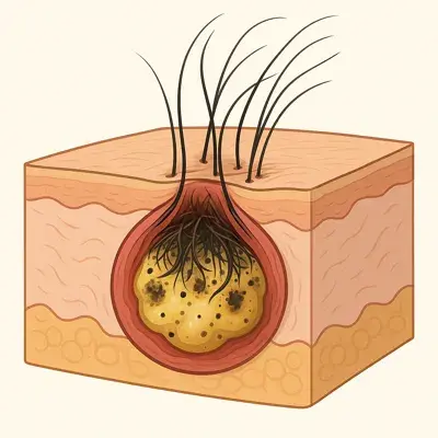 نمای کیست چرکی ناحیه دنبالچه؛ التهاب، ترشح و مسیر سینوسی