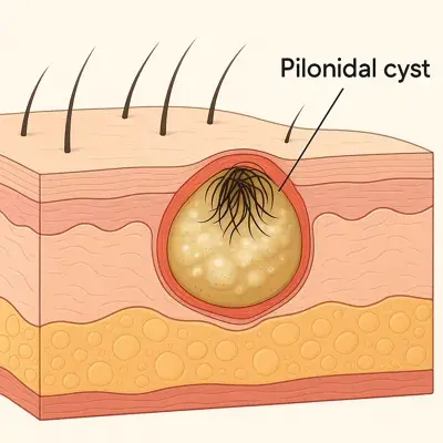 تصویر کیست چرکی گودی کمر؛ حفره عفونی و مسیر سینوسی زیرپوستی