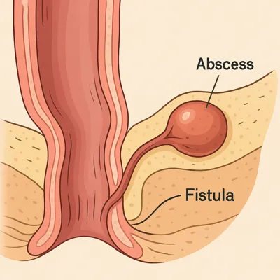آیا فیستول واگیر دارد؟ نمای مقطعی فیستول مقعدی همراه با آبسه و التهاب