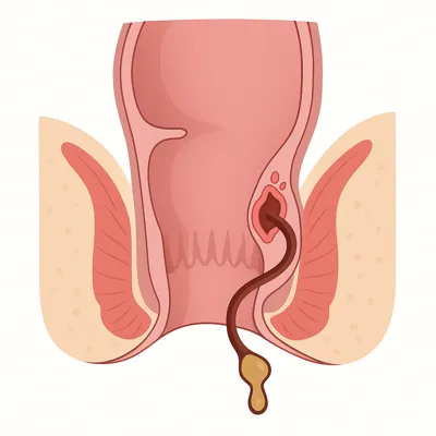 مقطع آناتومیکی فیستول پیشرفته با آبسه چرکی خارجی