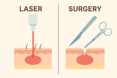 مقایسه لیزر و جراحی کیست مویی به صورت شماتیک