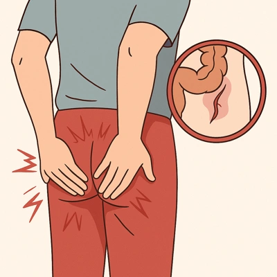 زخم مقعدی در اثر یبوست همراه با درد نشیمنگاه و التهاب