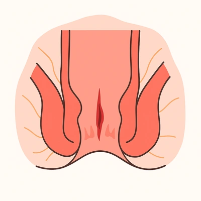 تصویر شماتیک علائم شقاق مقعدی شامل ترک و زخم مقعدی