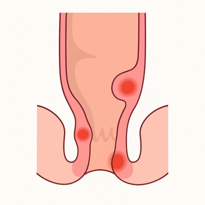 نمای مقطعی رکتوم با نواحی مختلف التهاب و قرمزی داخلی