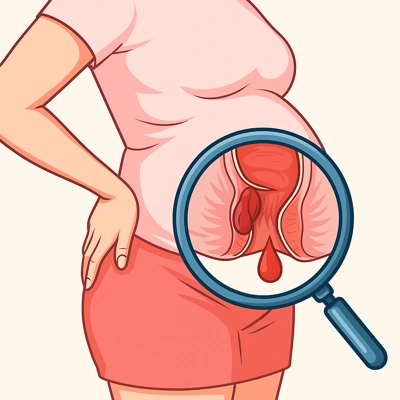 نمای نزدیک بواسیر ملتهب با خونریزی و درد نشیمنگاه در دوران بارداری