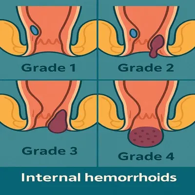 نمای شماتیک مراحل پیشرفت هموروئید از التهاب خفیف تا بیرون‌زدگی