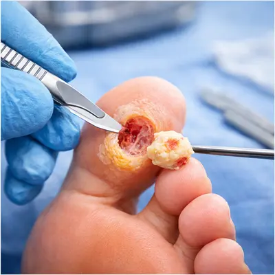 عمل جراحی میخچه پا با تیغ و برداشت ریشه