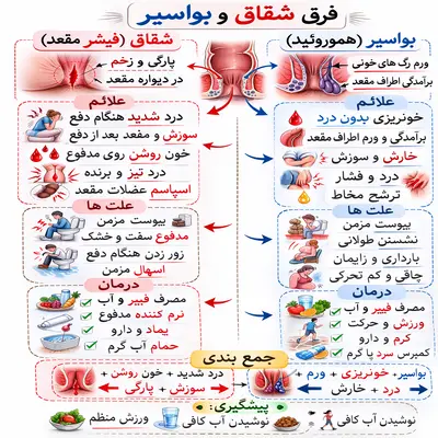 مقایسه تصویری علائم، درد و خونریزی شقاق مقعدی و بواسیر داخلی و خارجی