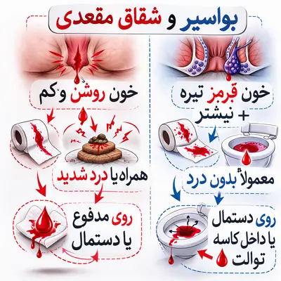 خون روشن همراه درد در شقاق، خون تیره بدون درد در بواسیر